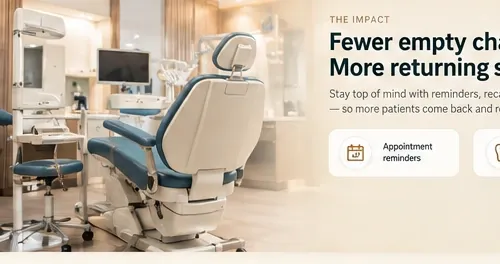 A modern dental treatment room with a chair ready for a patient